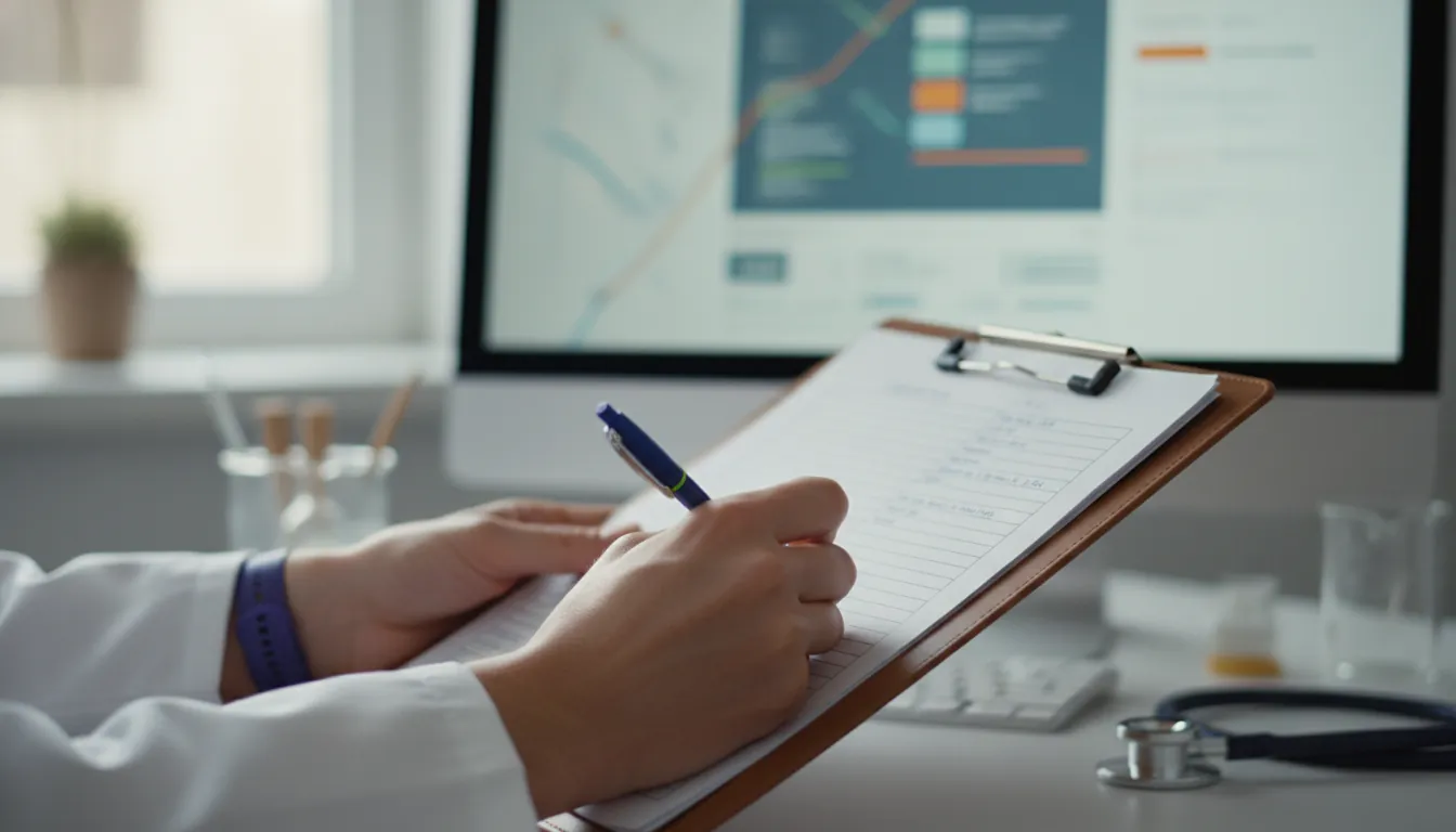 Clinician writing notes on a patient chart in a medical practice