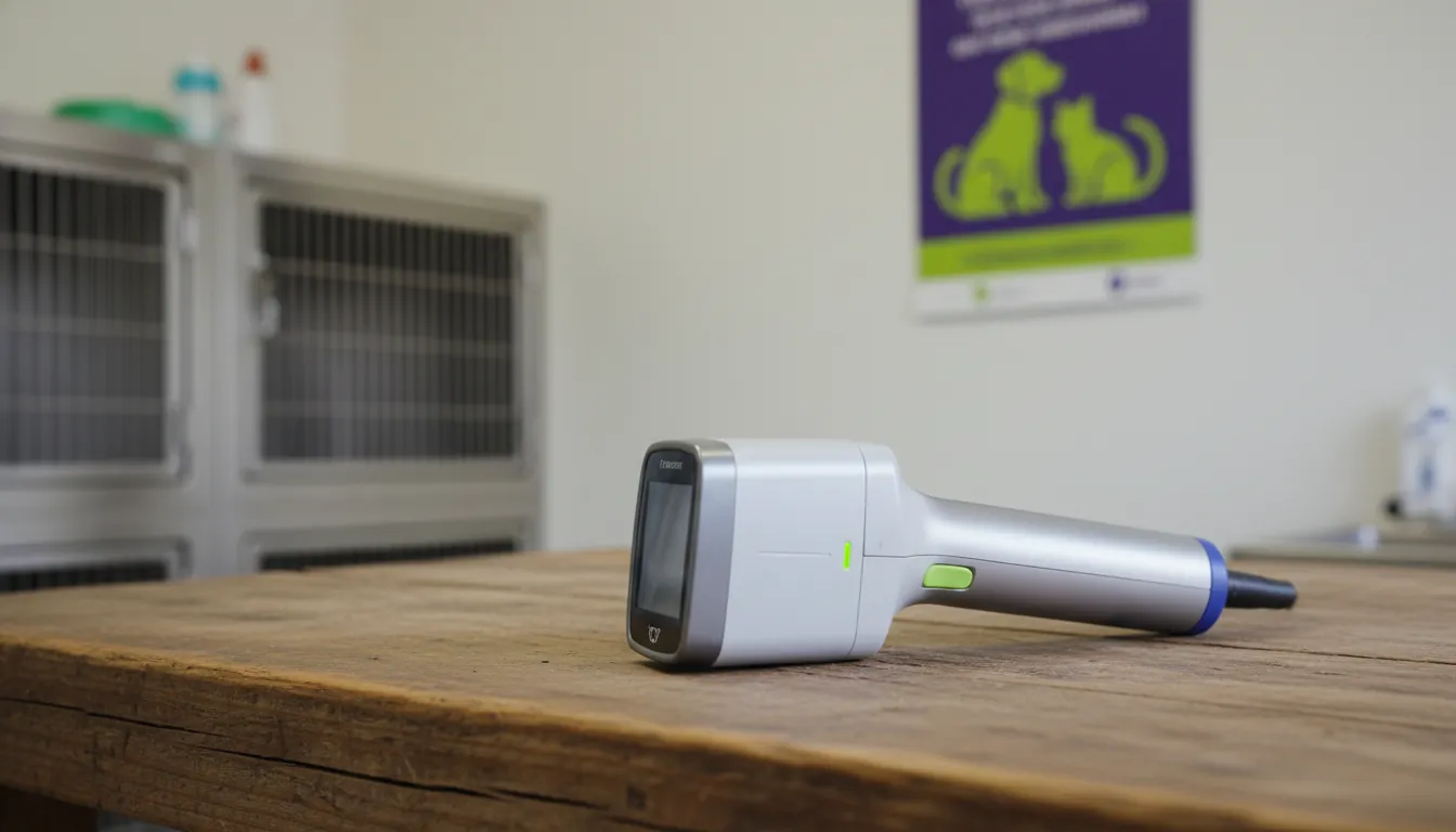 A handheld veterinary diagnostic tool on a wooden table in a clinic
