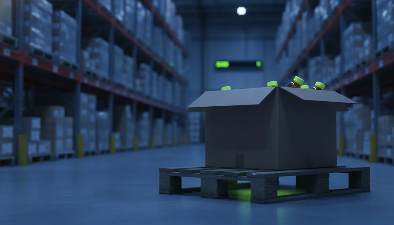 A cardboard box of pharmaceuticals in a dimly lit warehouse