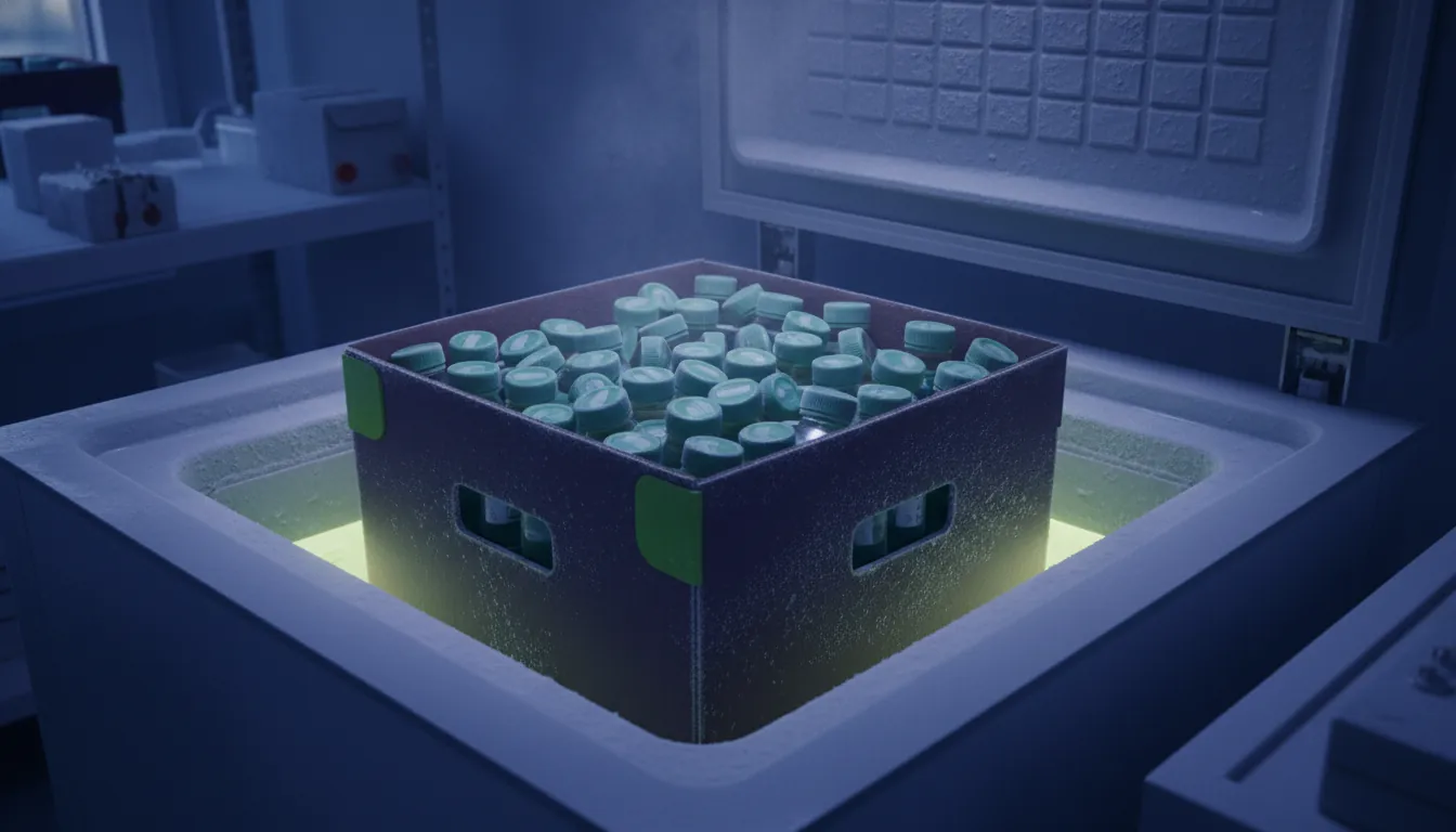 A storage box with frozen samples in a dimly lit laboratory freezer