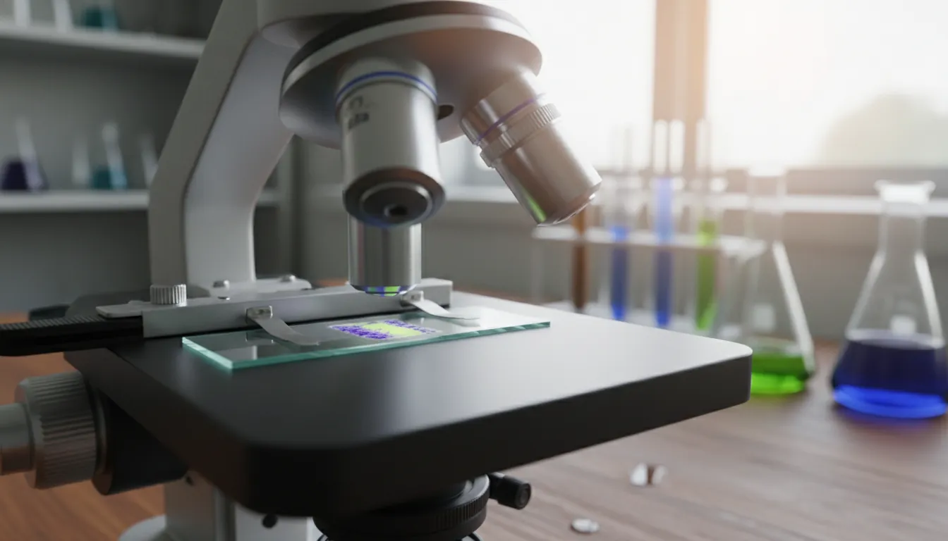 A tissue sample under a microscope in a laboratory setting