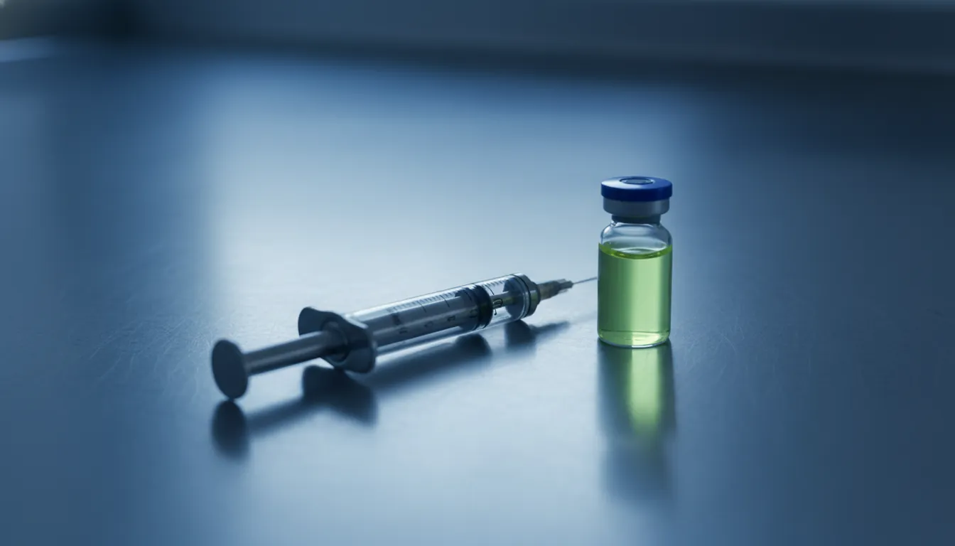 A syringe and vial in a clinical lab setting during blue hour.