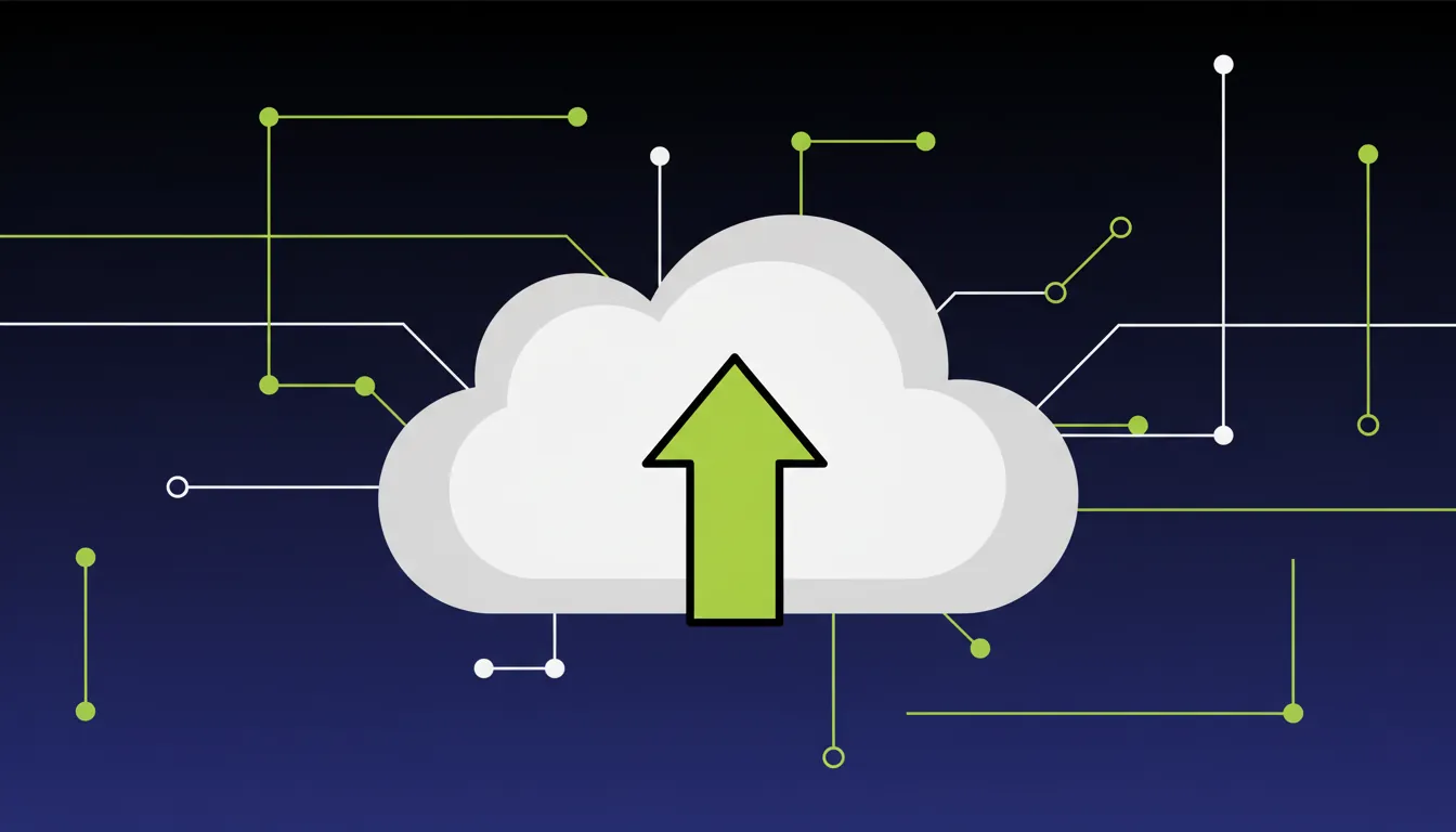 A minimalist illustration of a cloud with an upward arrow, representing cloud technology and data flow in life sciences.