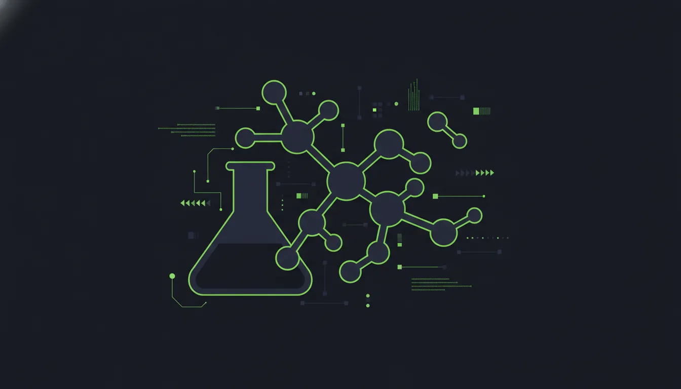 Minimalist illustration of an enzyme molecule and a laboratory flask on a dark background.