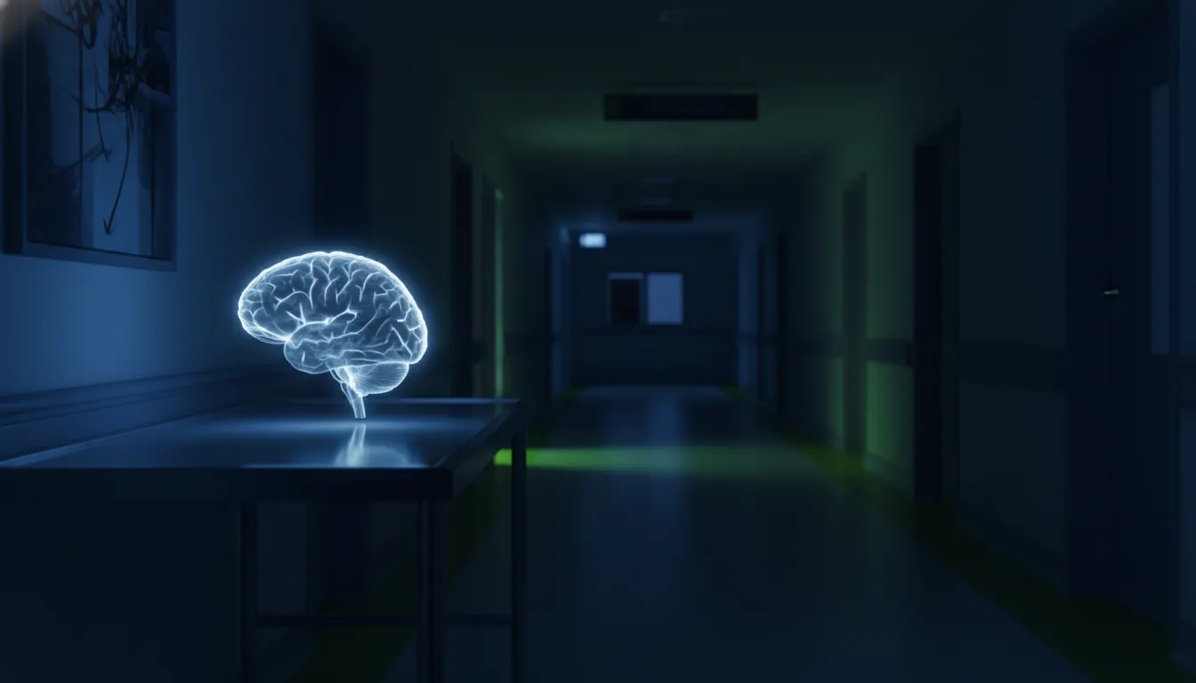 MRI scan of a brain in a hospital corridor
