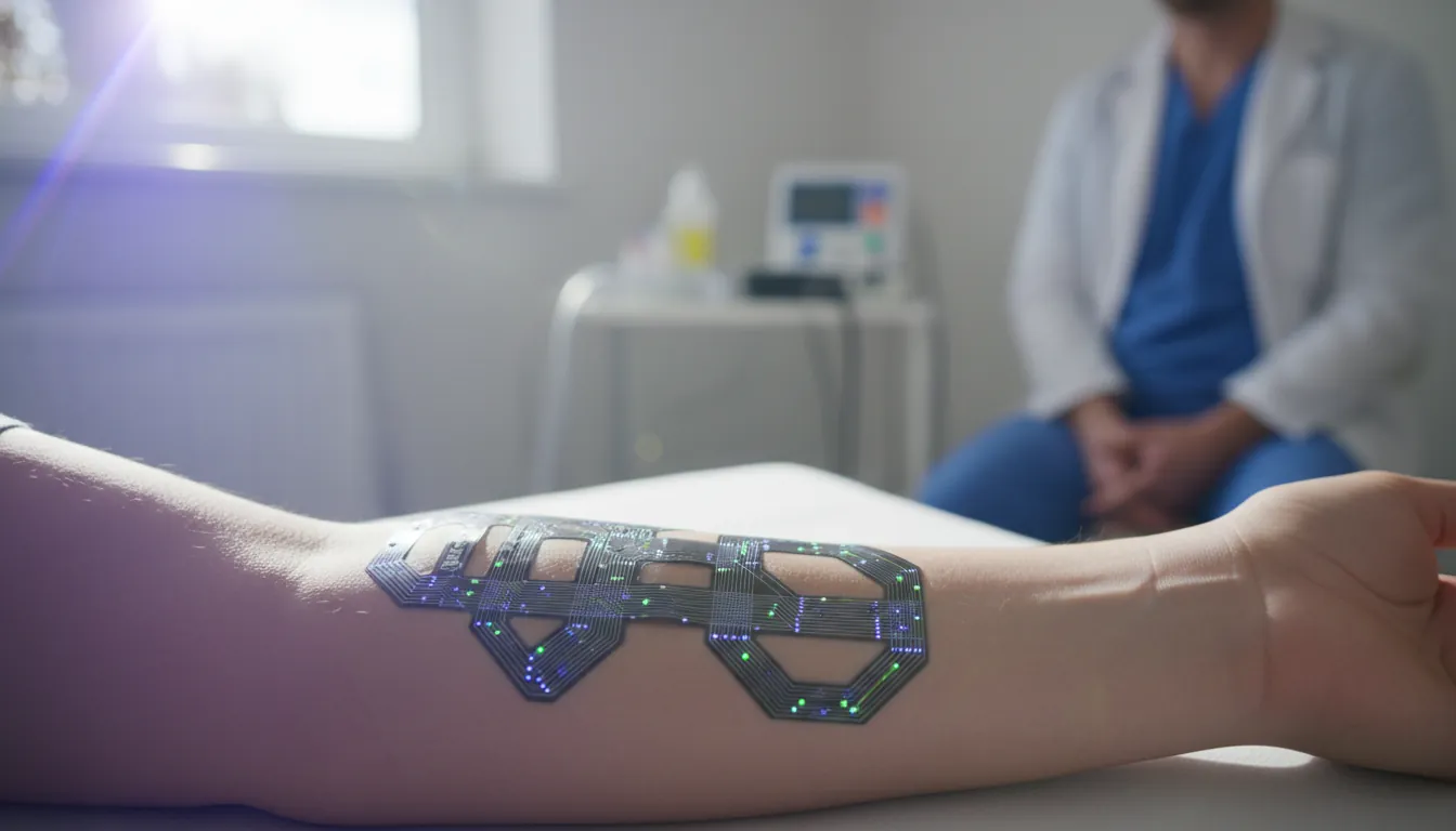 A neurostimulation device on a patient's arm in a clinical setting.