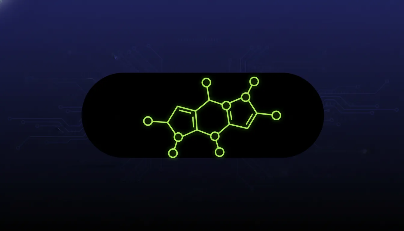 A minimalist illustration of a pill and a molecule in a dark palette.