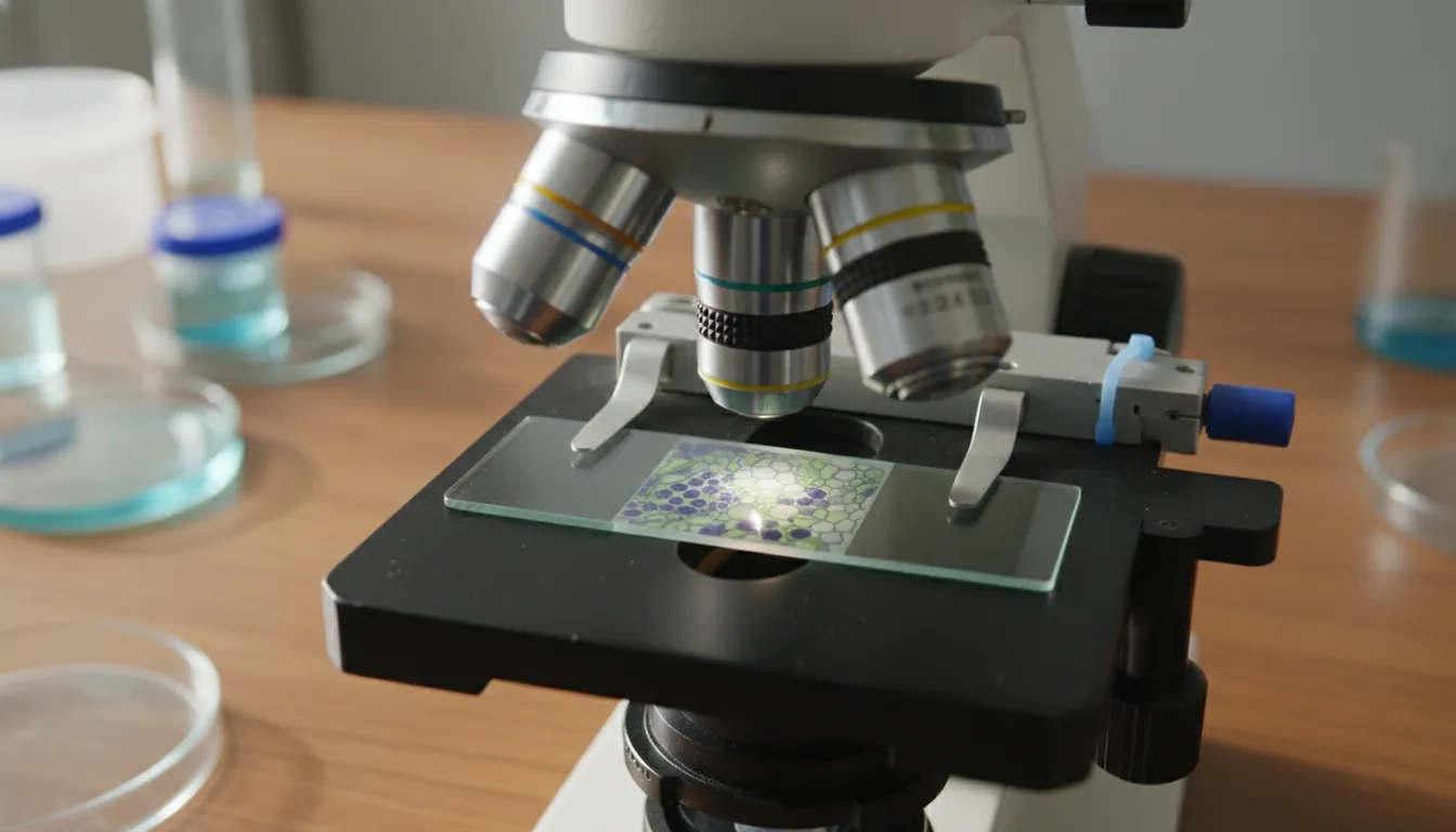 A tissue sample on a microscope slide in a lab setting
