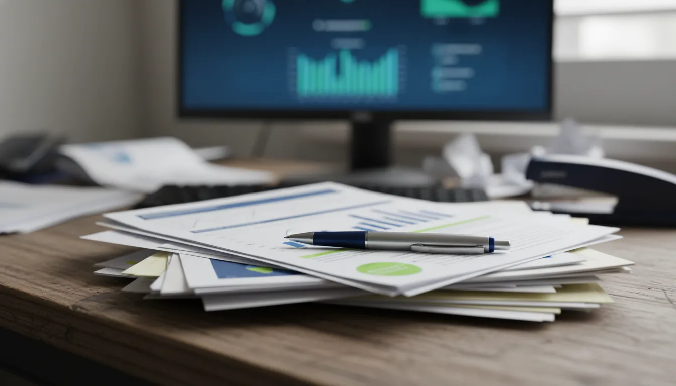 A close-up of clinical data reports on a desk with a pen and a blurred computer in the background.