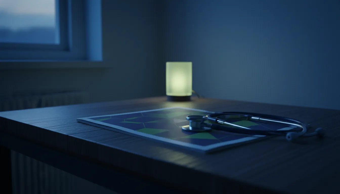 A medical brochure and stethoscope in a healthcare office at dusk.