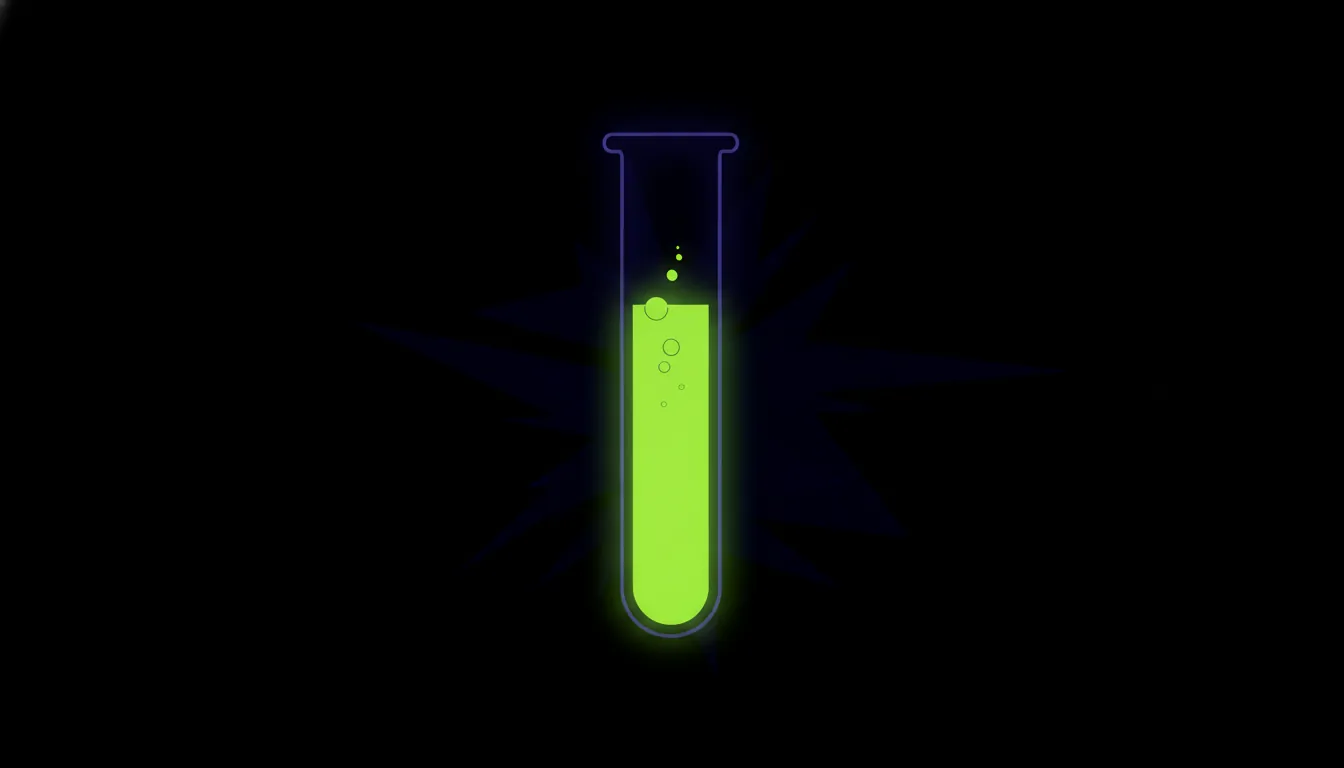 A minimalist illustration of a test tube with green liquid on a dark background.
