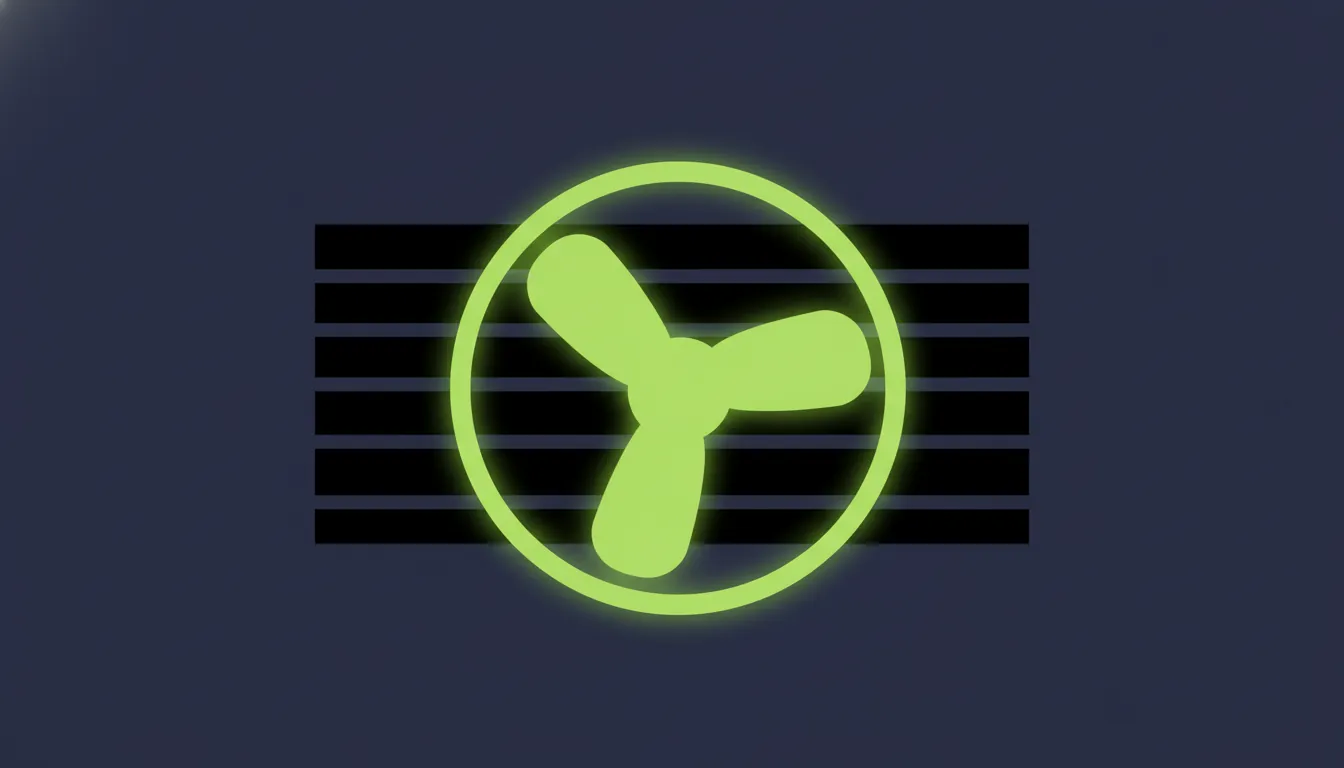 Minimalist illustration of an air vent and fan blade in dark colors with lime accents.