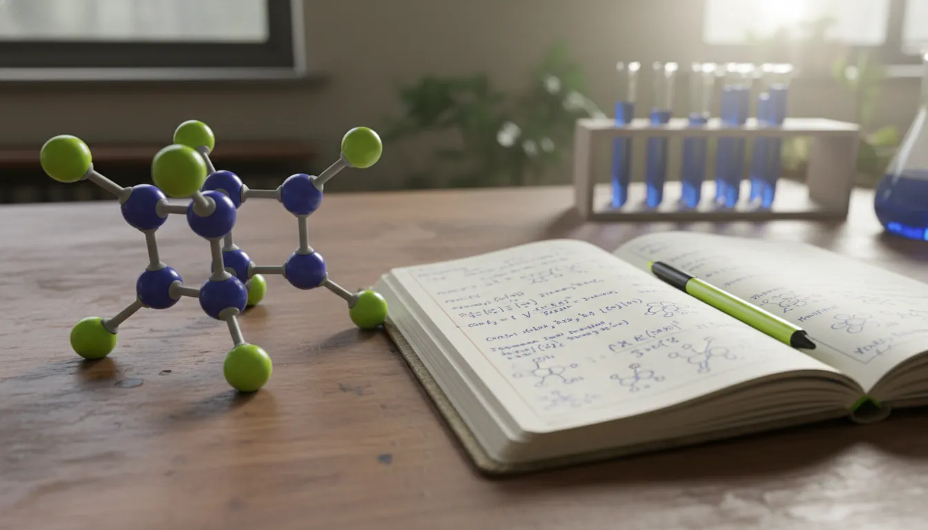Molecular model on a lab table with a research notebook