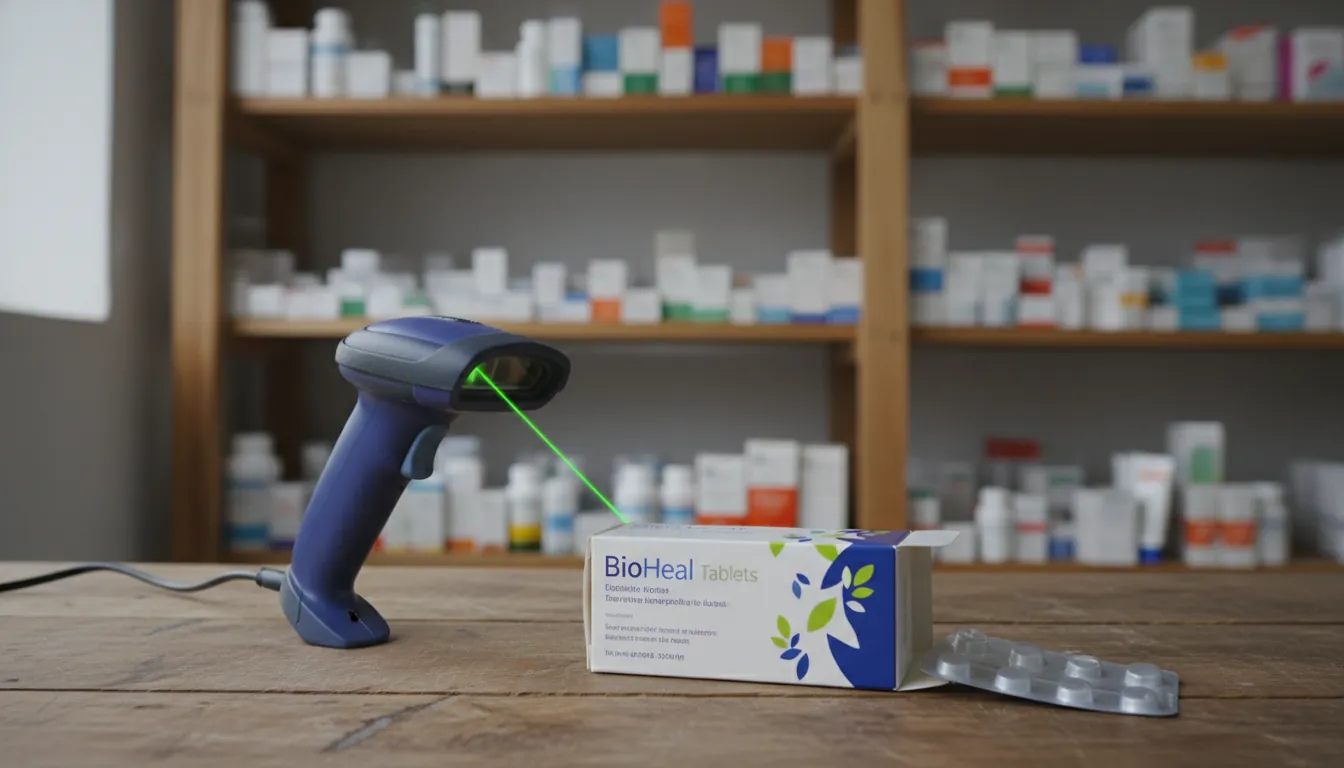 A barcode scanner scanning a packaged pharmaceutical product in a warehouse setting.