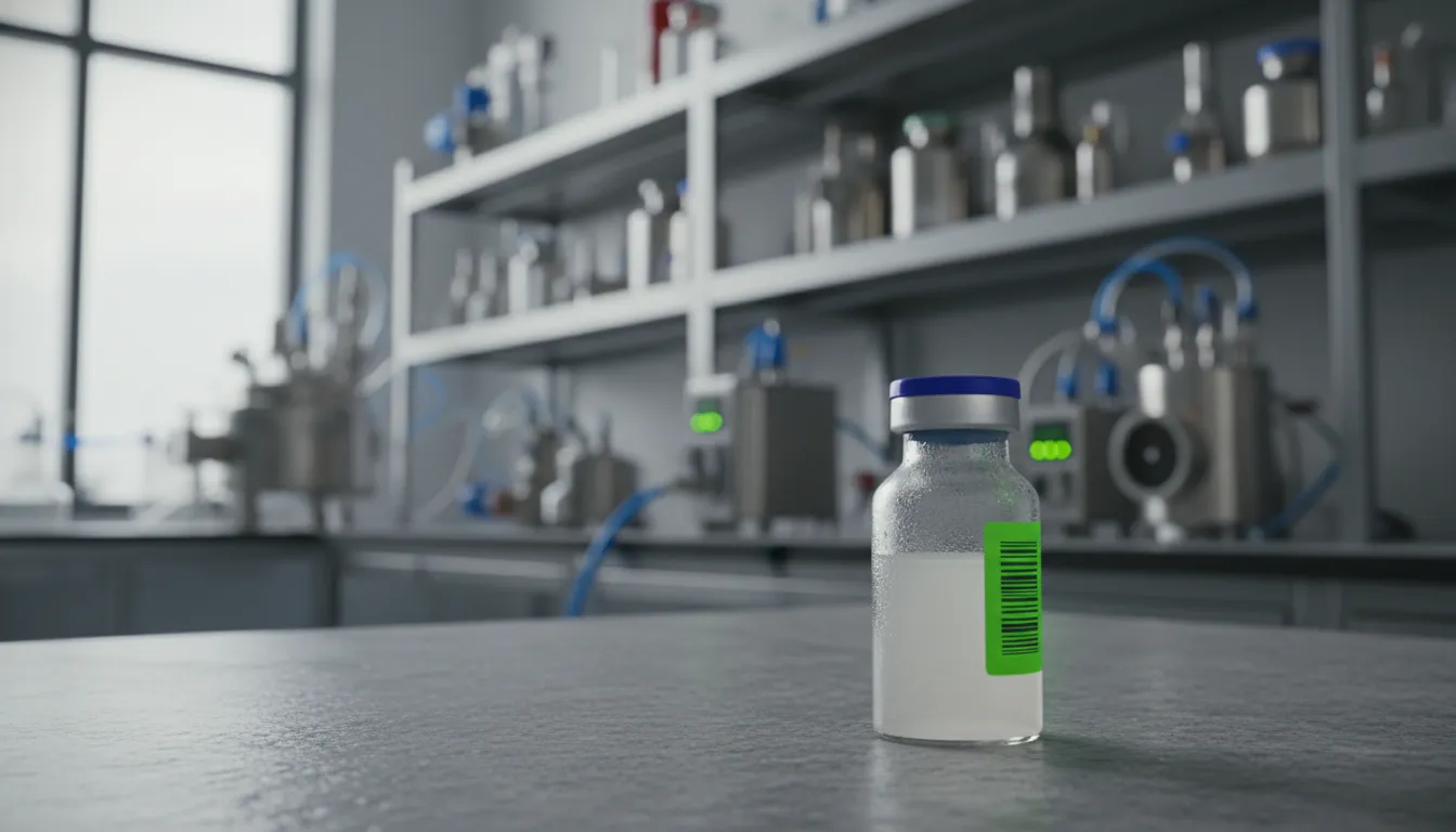 A vial of biologics in a lab setting