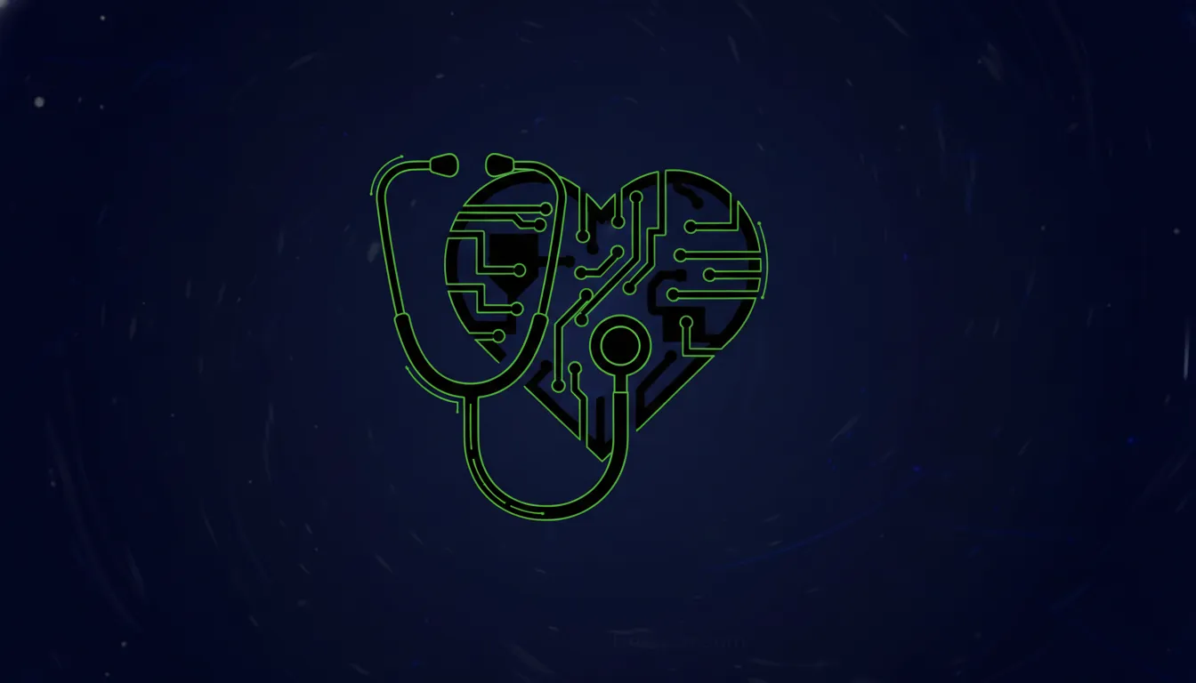 A minimalist illustration of a stethoscope and heart in a dark palette.