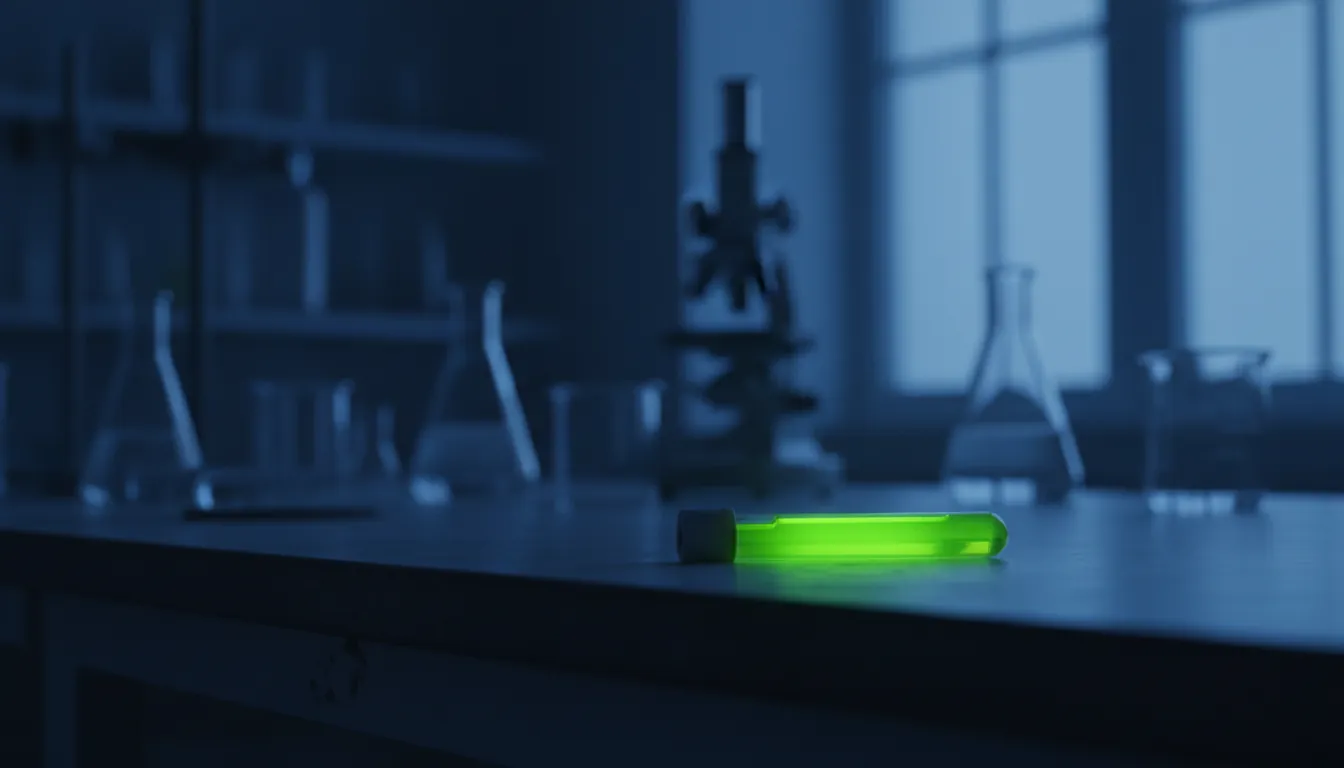 A test tube with a colorful liquid in a dark lab setting