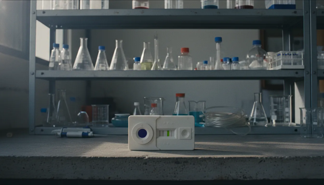 A diagnostic test kit on a lab countertop with laboratory equipment in the background.