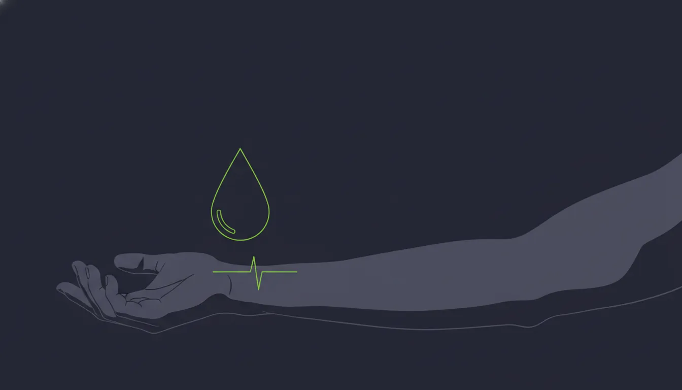 A minimalist illustration of a clinical trial participant's arm with a blood drop, set against a dark background.