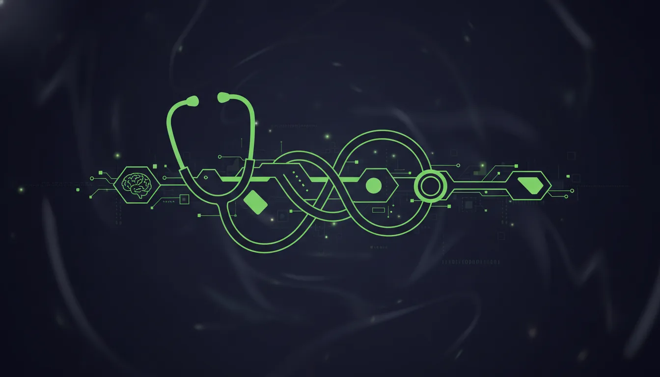 A minimalist illustration of a stethoscope and AI tool in a dark palette.