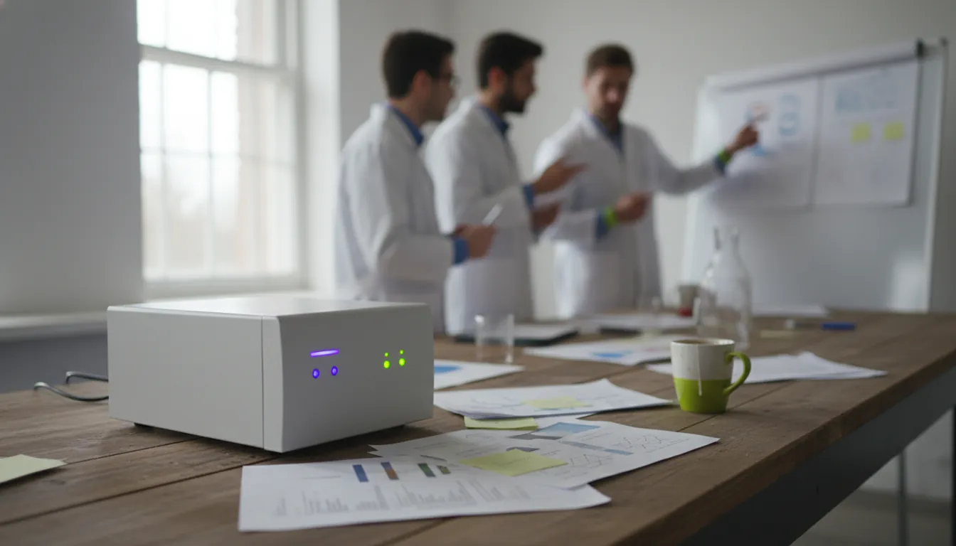 A molecular diagnostic tool on a table during a TB research meeting in New Delhi.