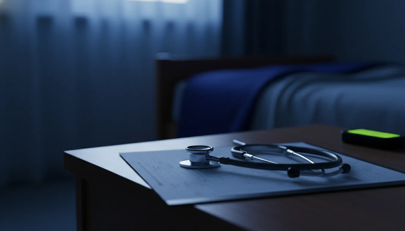 A stethoscope on a medical chart in a dimly lit hospital room