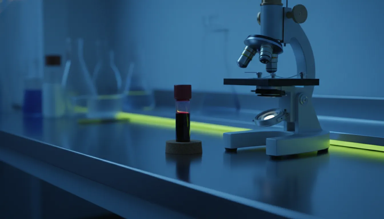 A blood sample and microscope in a dimly lit lab setting