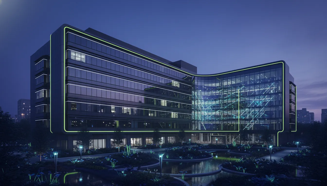 Modern hospital building at dusk with illuminated windows