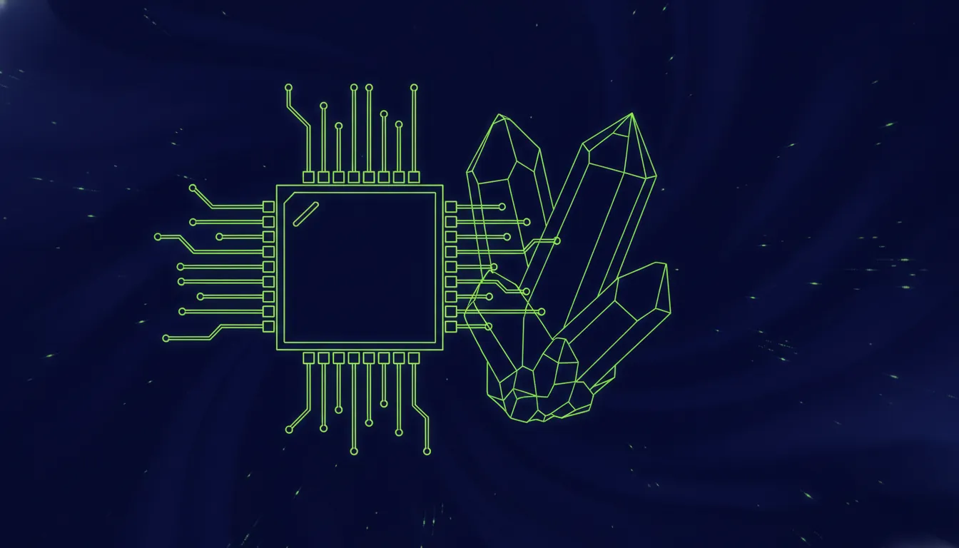 A minimalist illustration of a chip and a mineral crystal on a dark background.