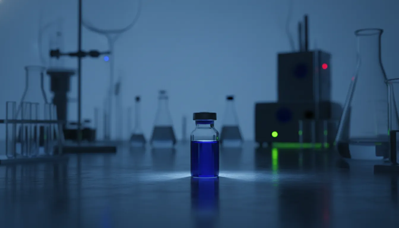 A glass vial containing an enzyme sample on a lab bench in a dimly lit laboratory.