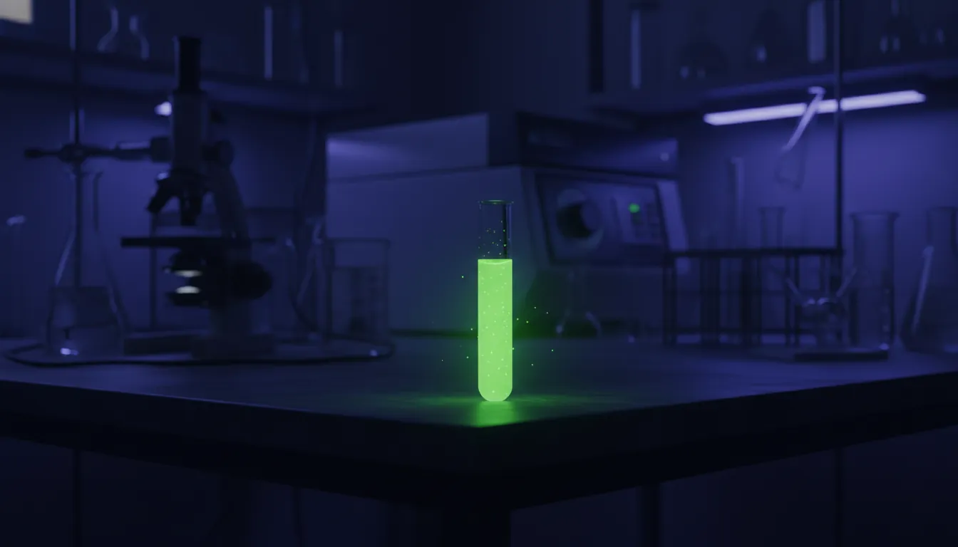 A test tube with protein solution in a dimly lit lab