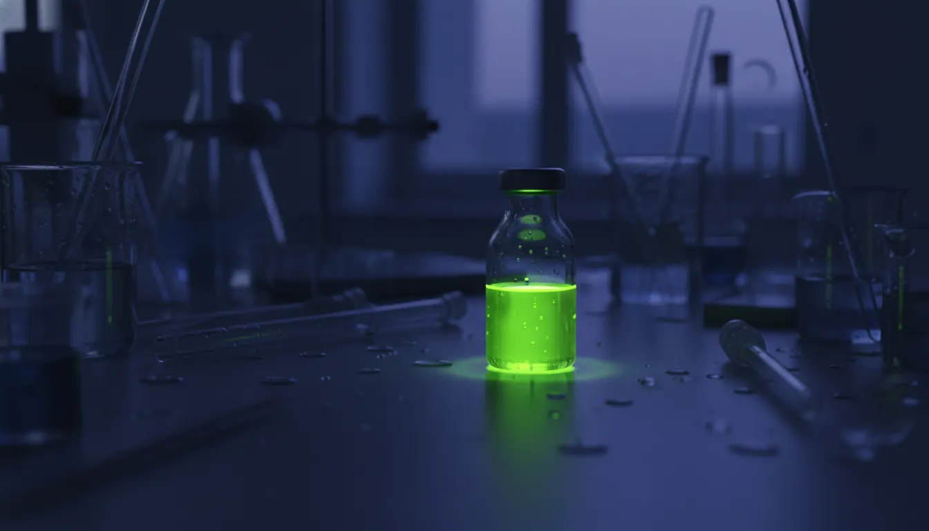 A glass vial on a laboratory bench in a dimly lit setting
