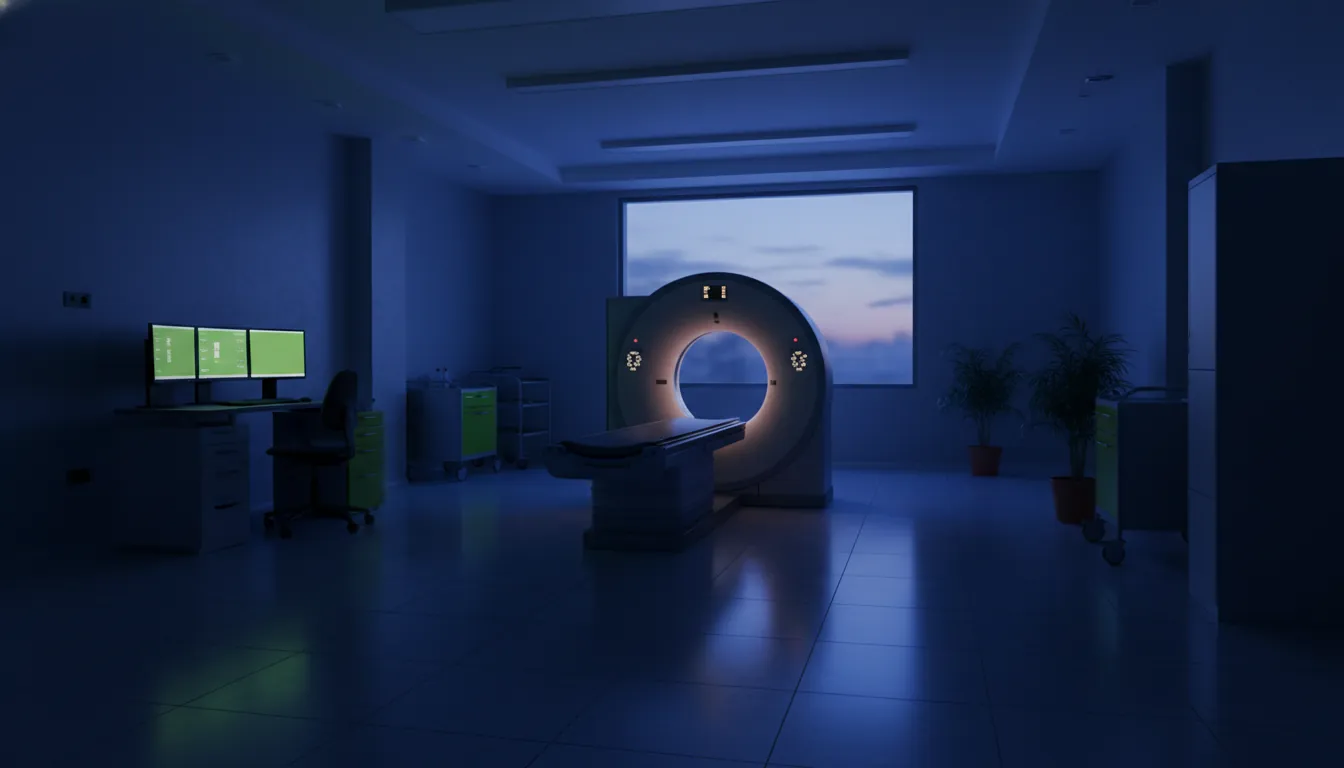 CT scanner in a dimly lit radiology room