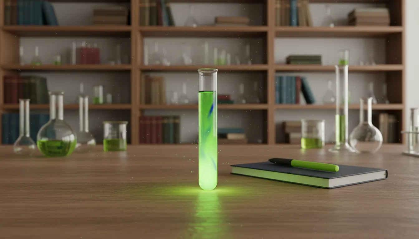 A test tube with a colorful drug compound on a lab bench