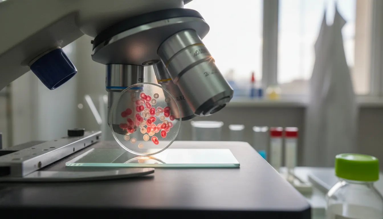 A blood sample on a microscope slide in a clinical lab setting.