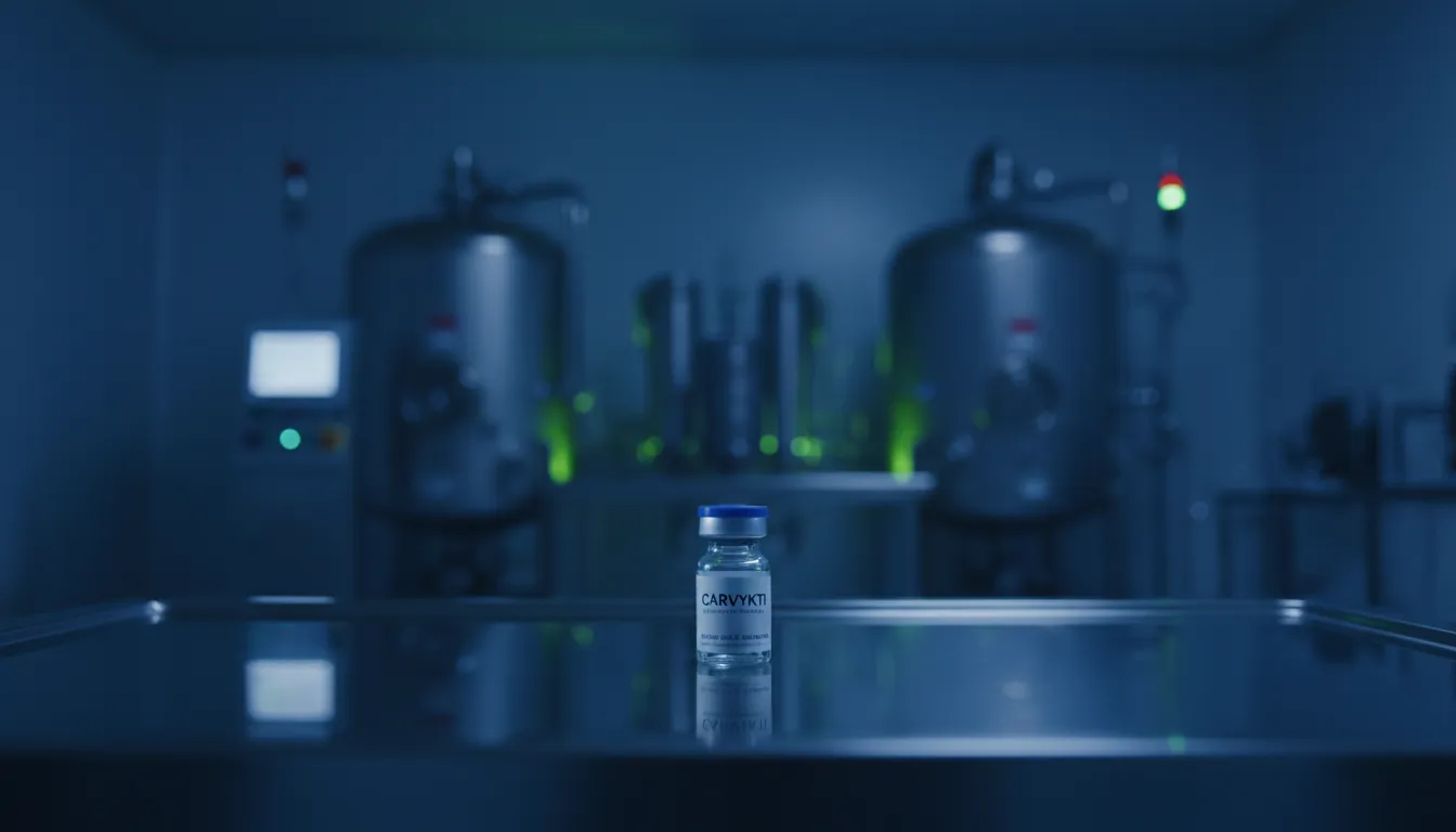 A vial of CARVYKTI in a dimly lit lab setting