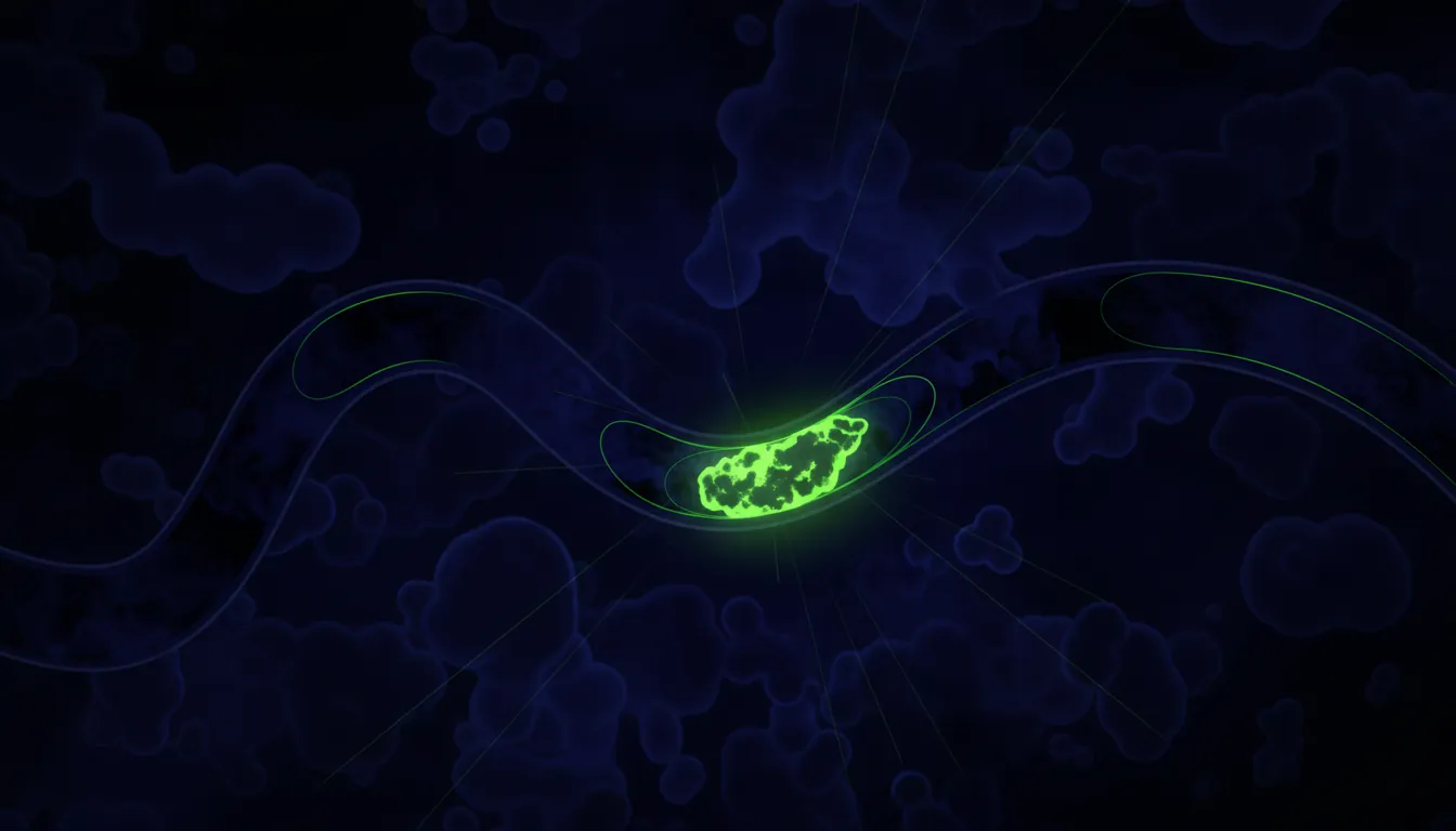 A minimalist illustration of a coronary artery with plaque in a dark color scheme.