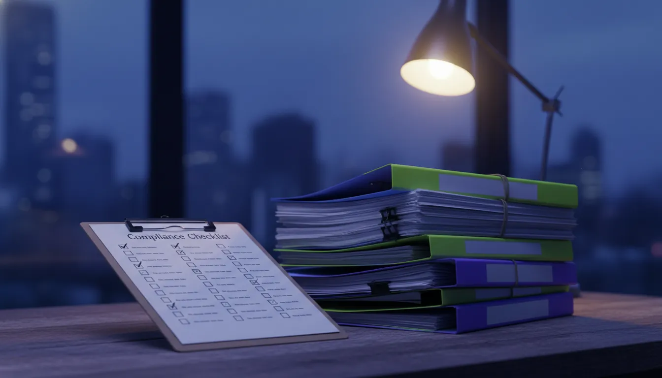 A stack of regulatory documents and a compliance checklist on a desk in a dimly lit office.