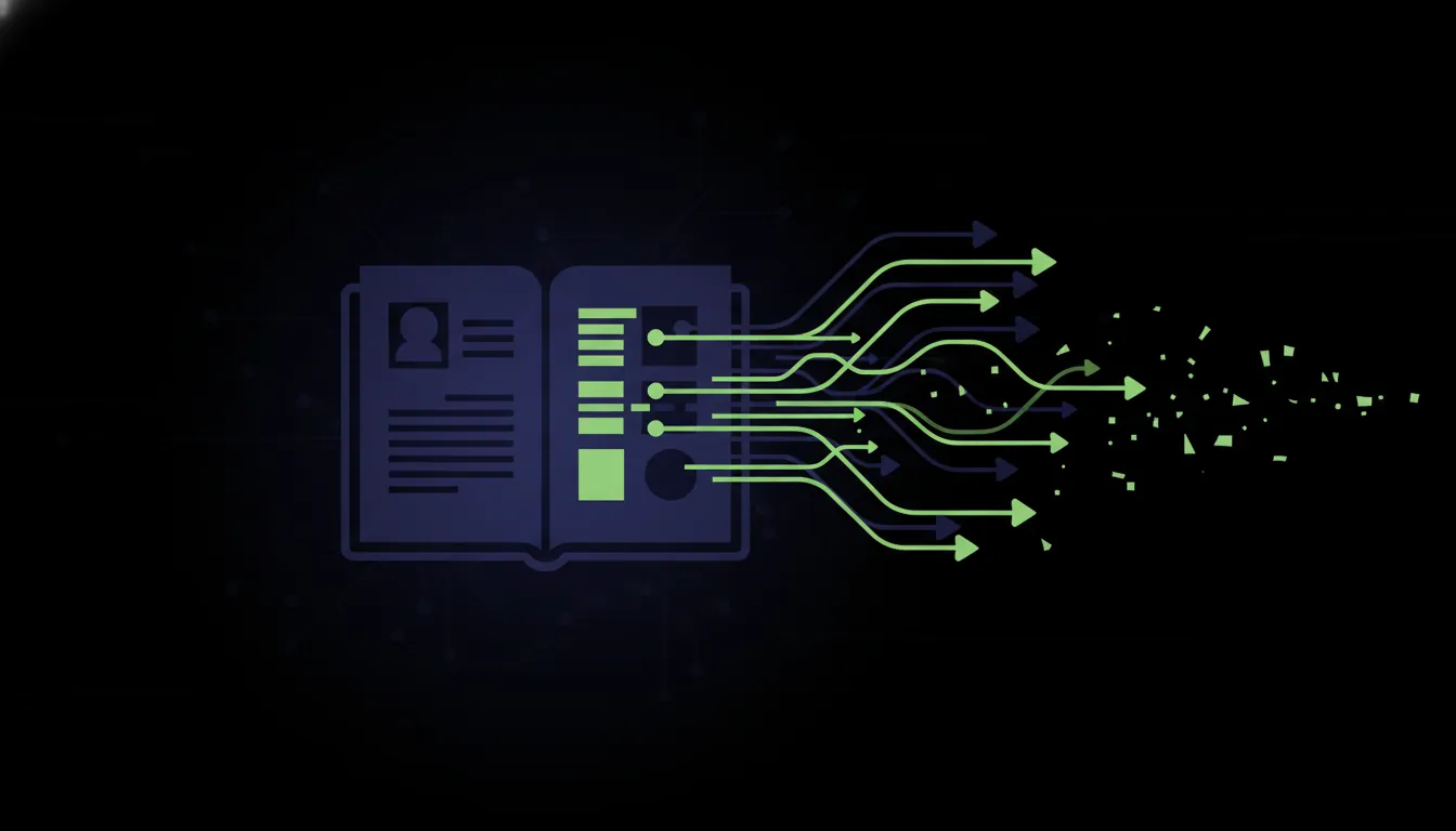An illustration of an open patient health record with data extraction lines.