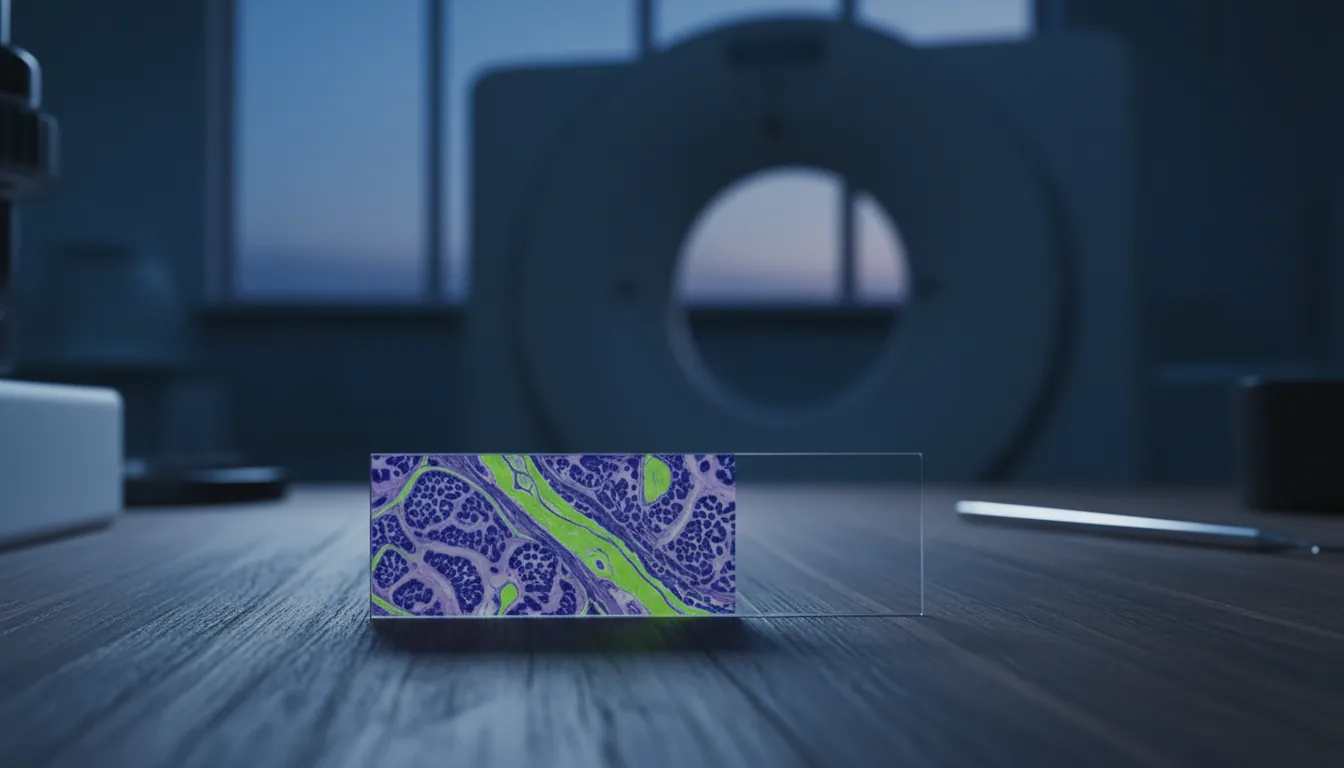 Lung tissue sample on a lab bench with a CT scan machine in the background.