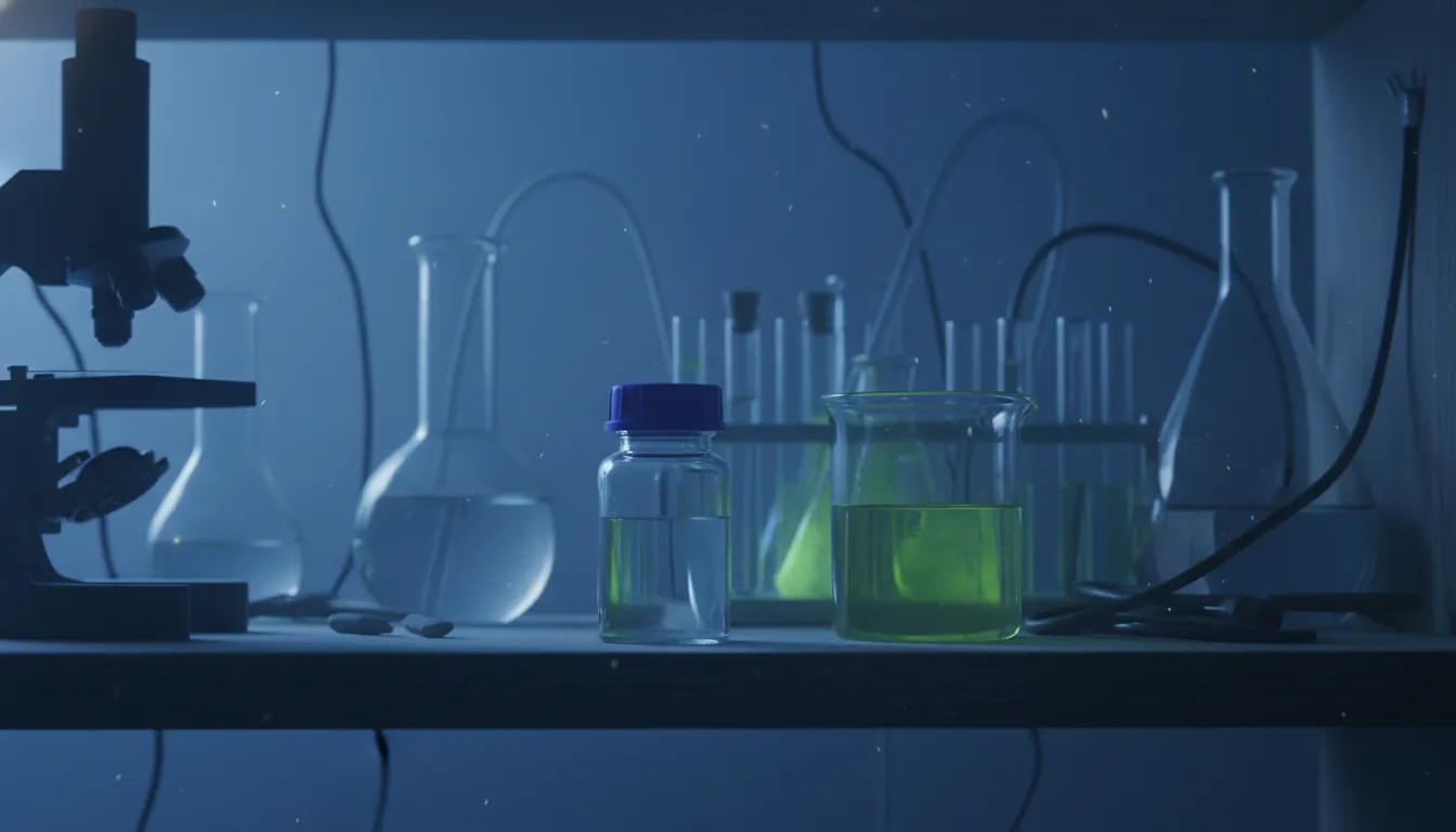 A pill bottle on a lab shelf in a dimly lit setting