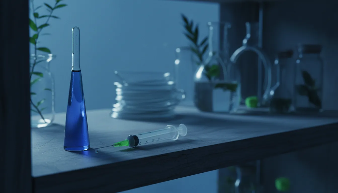 A vial and syringe on a lab shelf in low light