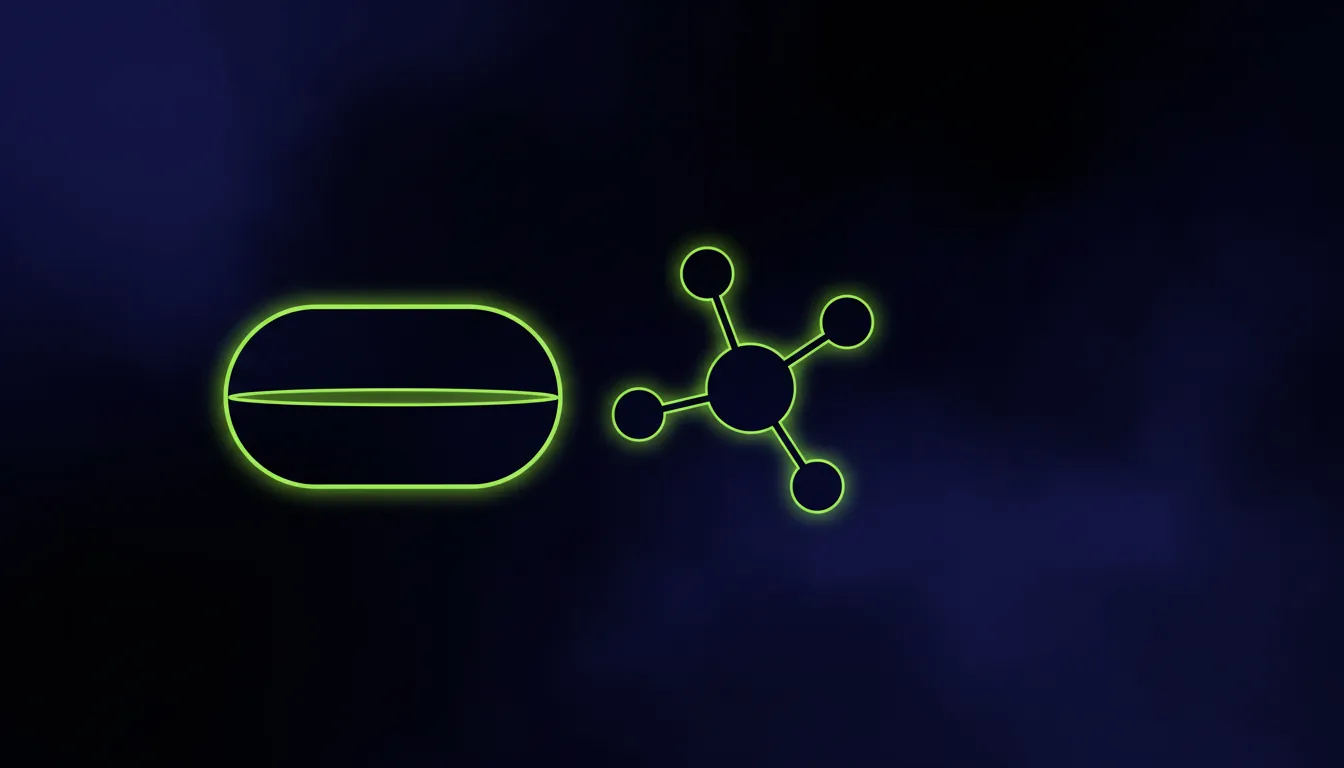 A minimalist illustration of a pill and a molecule in a dark palette.