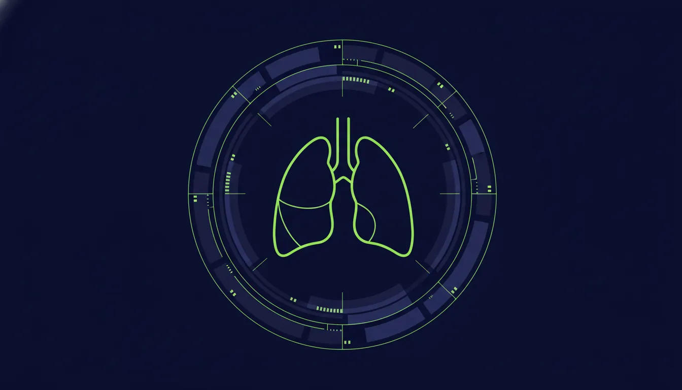 A minimalist illustration of a lung and a screening device in a dark palette.