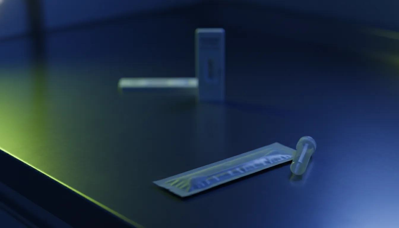A swab test kit on a lab table in a dimly lit clinical setting.