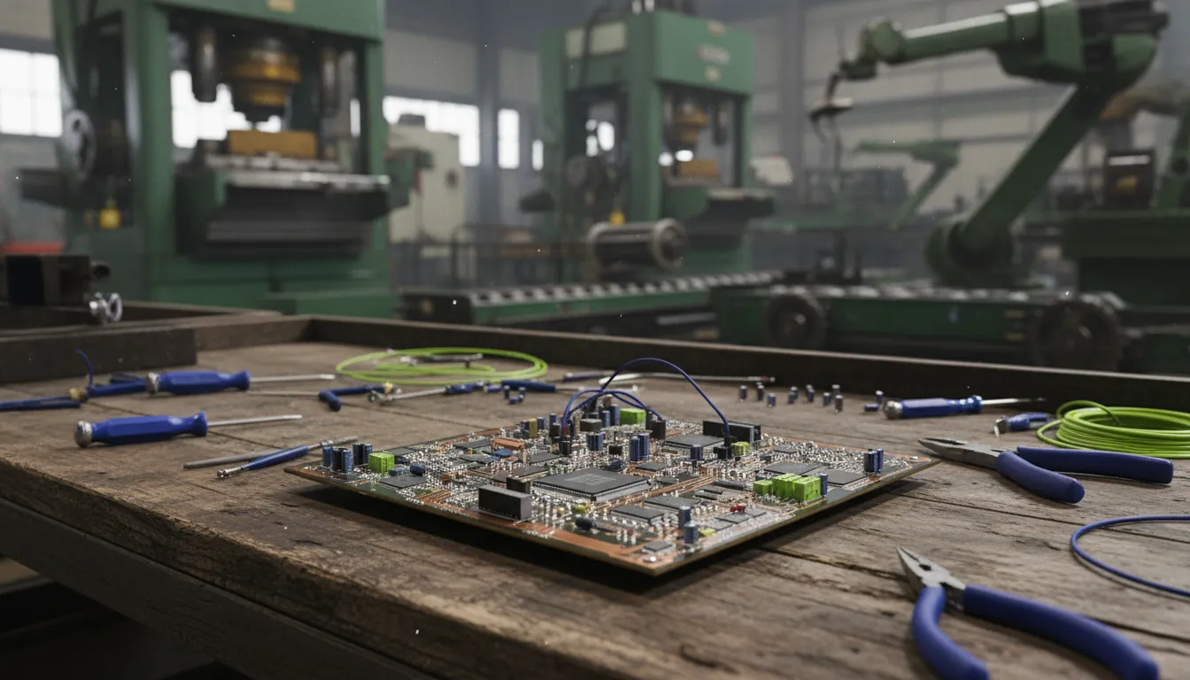 Close-up of a circuit board on a factory workbench