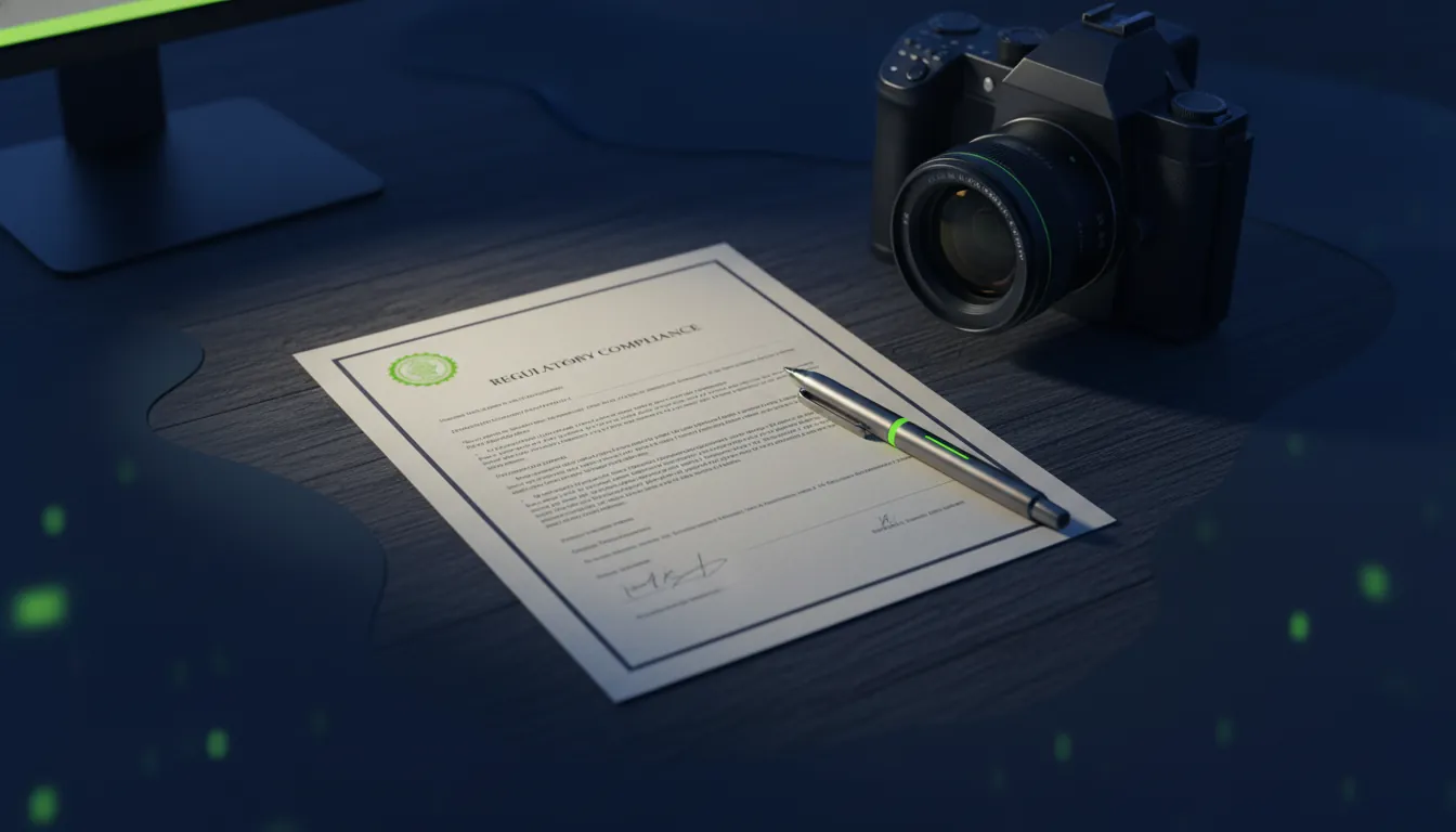 A compliance document and pen on a desk in a dimly lit office