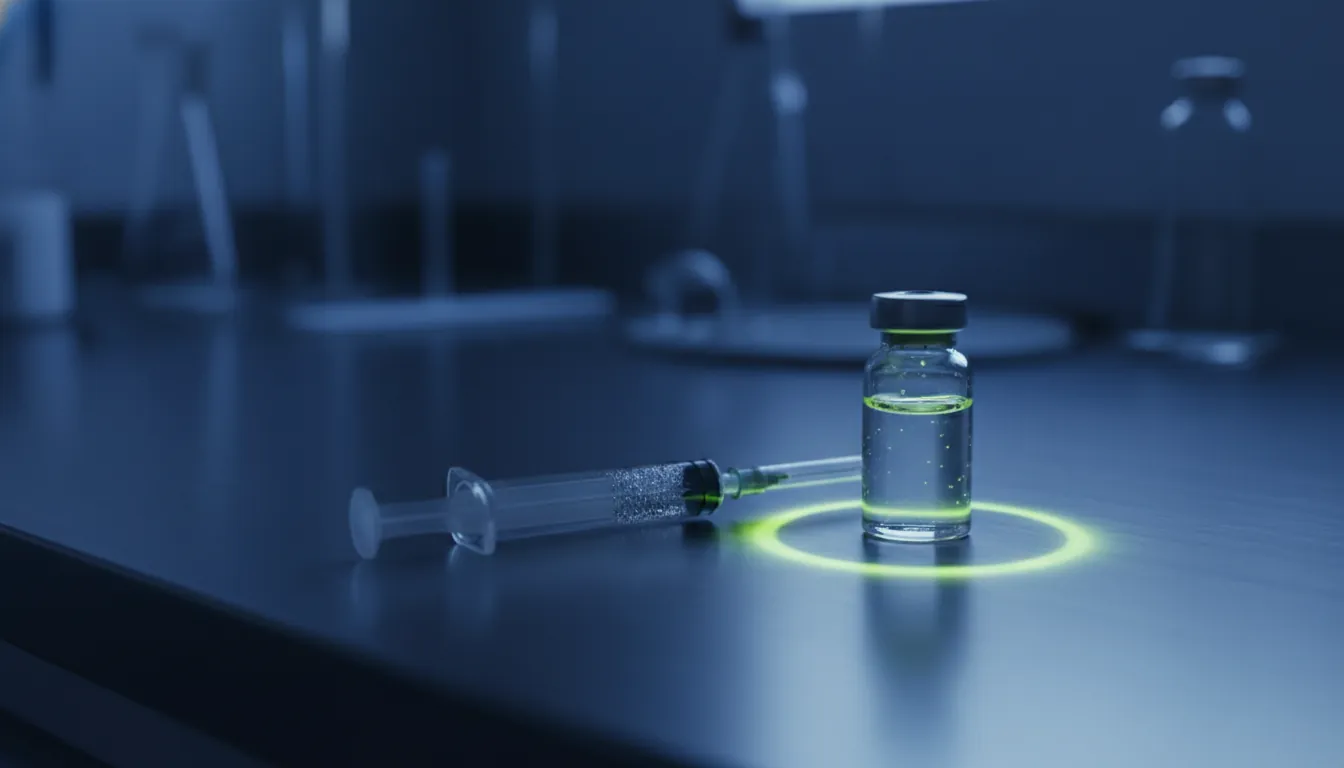 A syringe and vaccine vial in a dimly lit lab setting