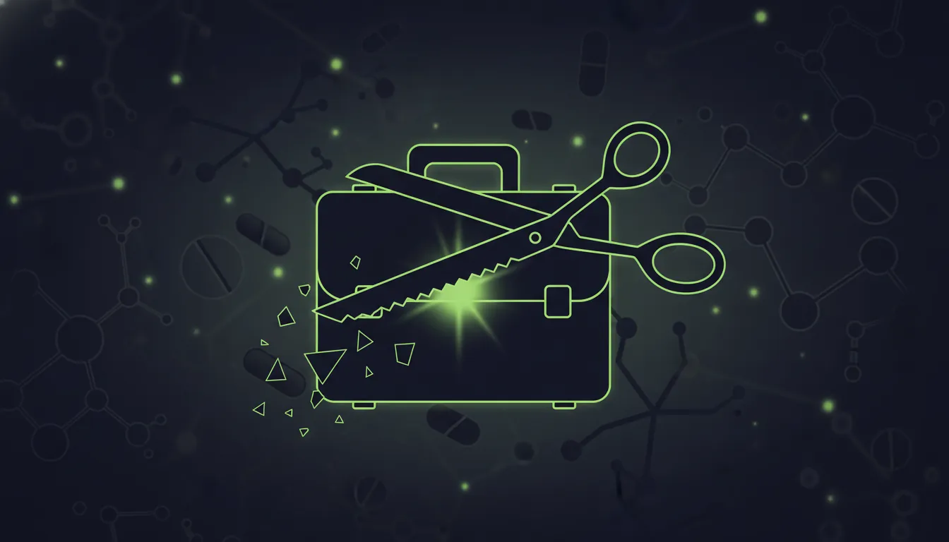 A pair of scissors cutting a briefcase silhouette, representing job cuts in pharma.