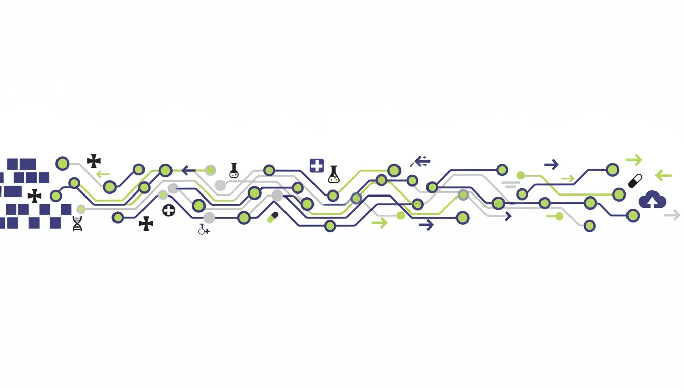 Flat design illustration of a data flow in pharmaceutical operations